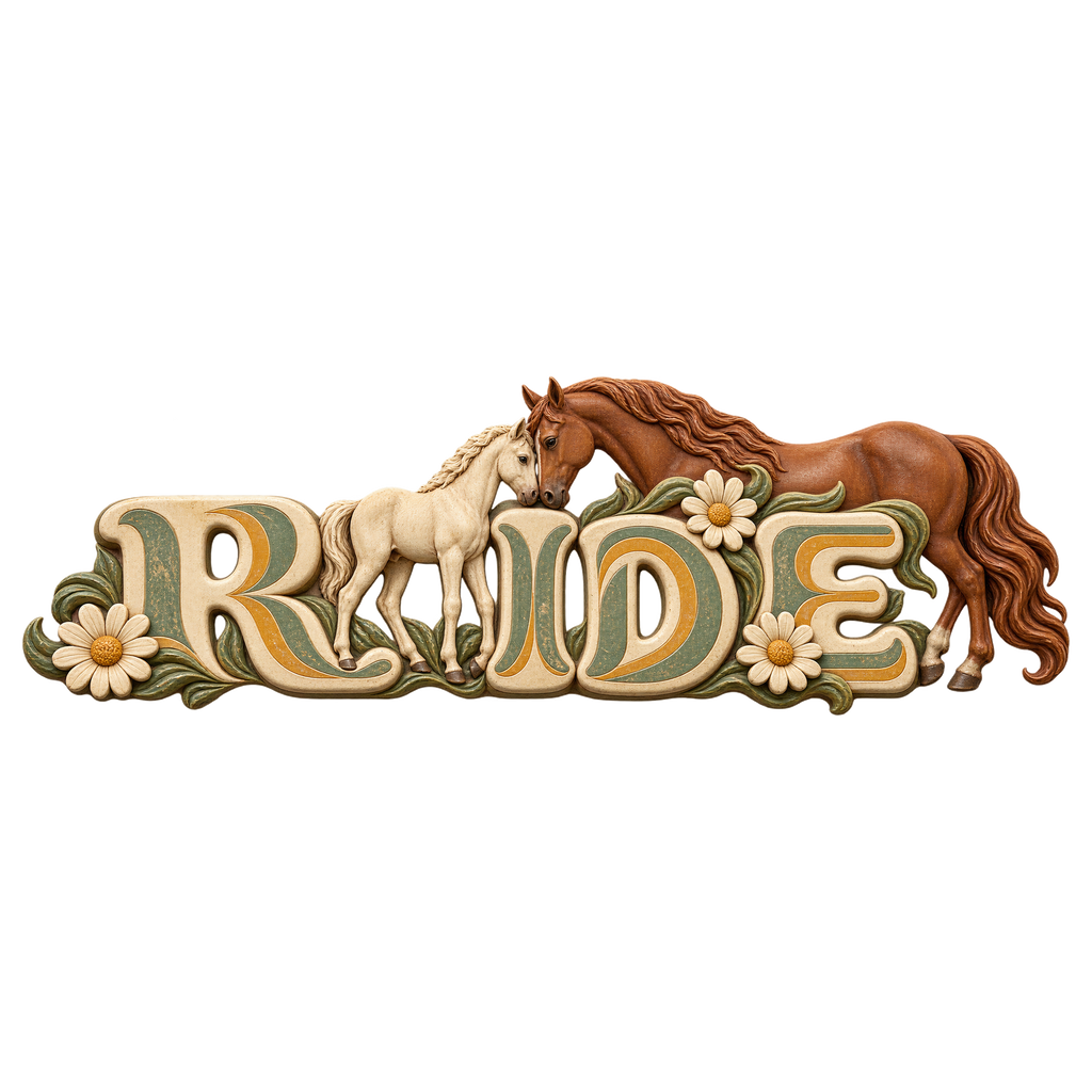Motiv: Ride – Stute und Fohlen im Blumenmeer – Damen-T-Shirt V-Ausschnitt – KI-gestaltetes Pferdemotiv
