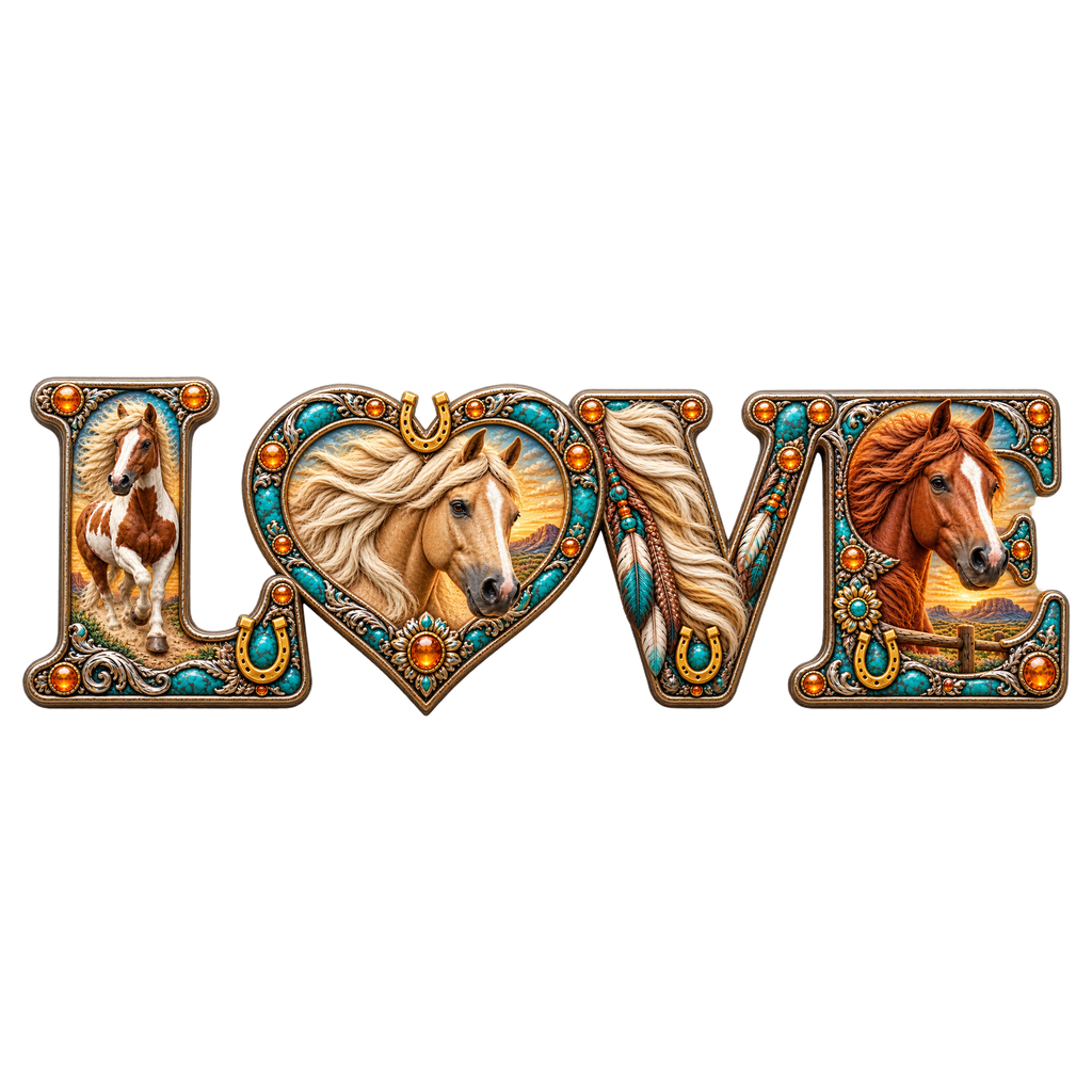 Motiv: Love – Westernpferde in Türkis – Damen-Langarmshirt – KI-gestaltetes Pferdemotiv