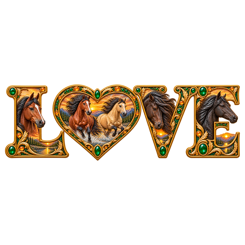 Motiv: Love – Freiheit in Smaragd und Gold – Damen-T-Shirt – KI-gestaltetes Pferdemotiv
