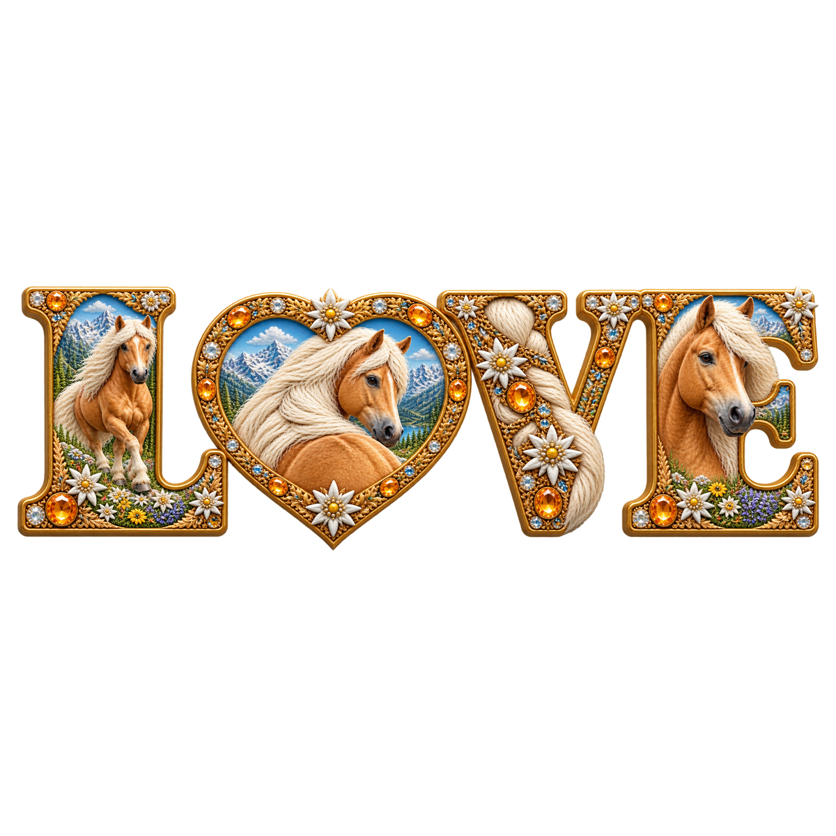 Motiv: Love – Haflinger mit Edelweiß – Crop-Top – KI-gestaltetes Pferdemotiv
