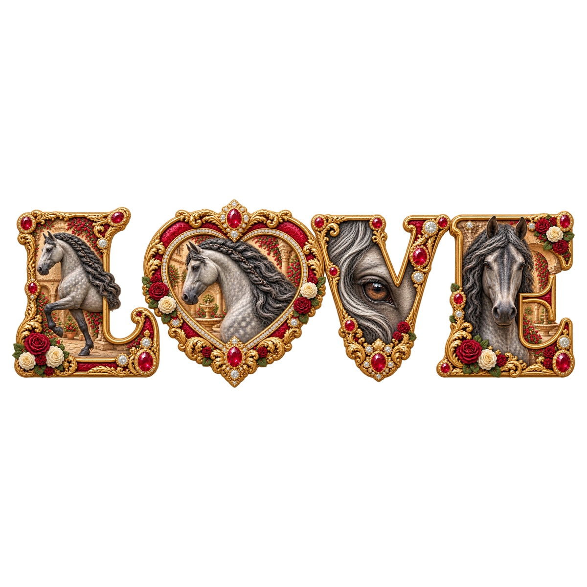 Motiv: Love – Andalusier in Rubinrot – Damen-T-Shirt – KI-gestaltetes Pferdemotiv