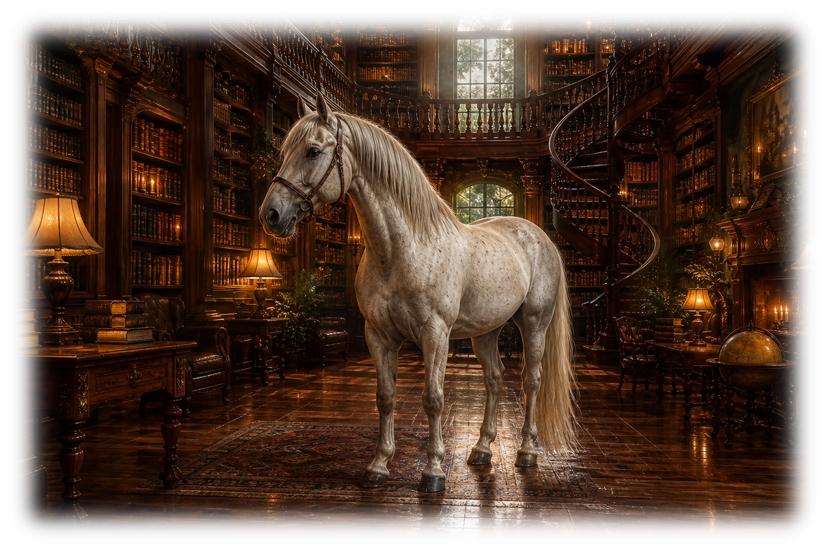 Motiv: Pferd in der Bibliothek – Hoodie – KI-gestaltetes Pferdemotiv