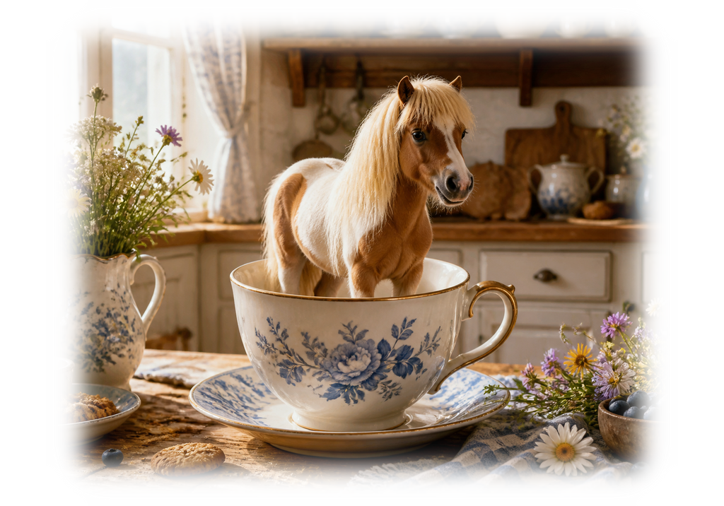 Motiv: Pony in der Teetasse – T-Shirt – KI-gestaltetes Pferdemotiv