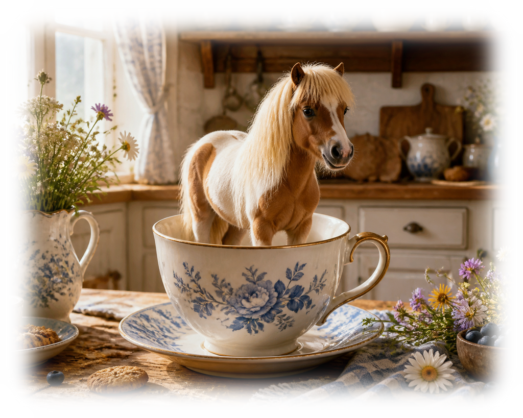 Motiv: Pony in der Teetasse – Hoodie – KI-gestaltetes Pferdemotiv