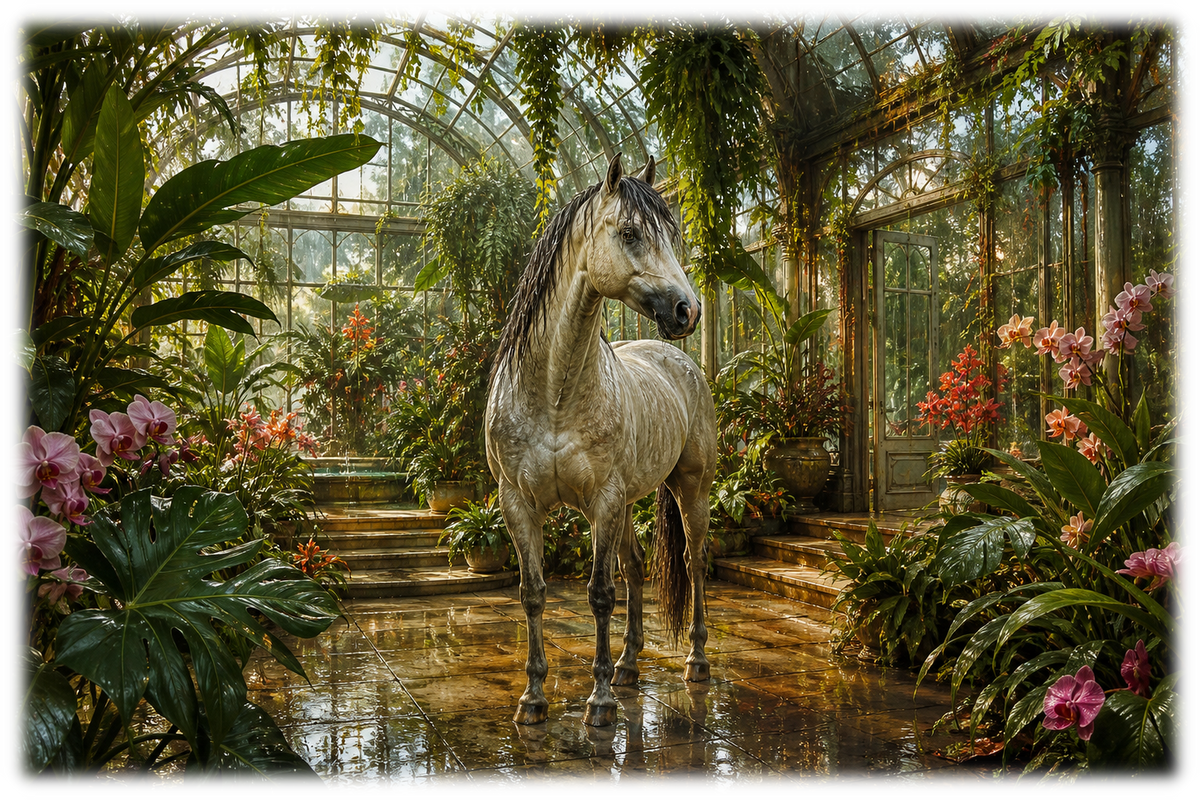 Motiv: Im Palmenhaus – Hoodie – KI-gestaltetes Pferdemotiv