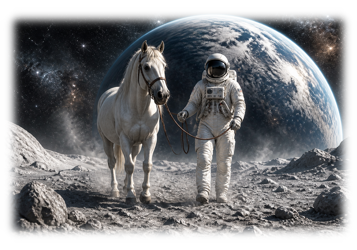 Motiv: Ausritt auf dem Mond – T-Shirt – KI-gestaltetes Pferdemotiv