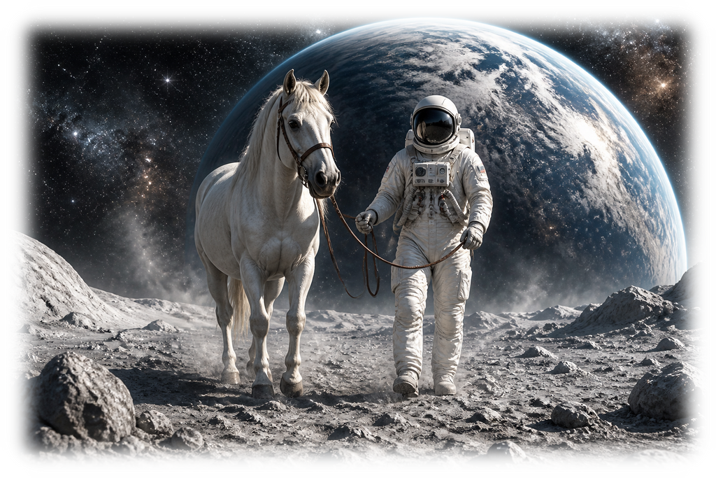 Motiv: Ausritt auf dem Mond – Hoodie – KI-gestaltetes Pferdemotiv
