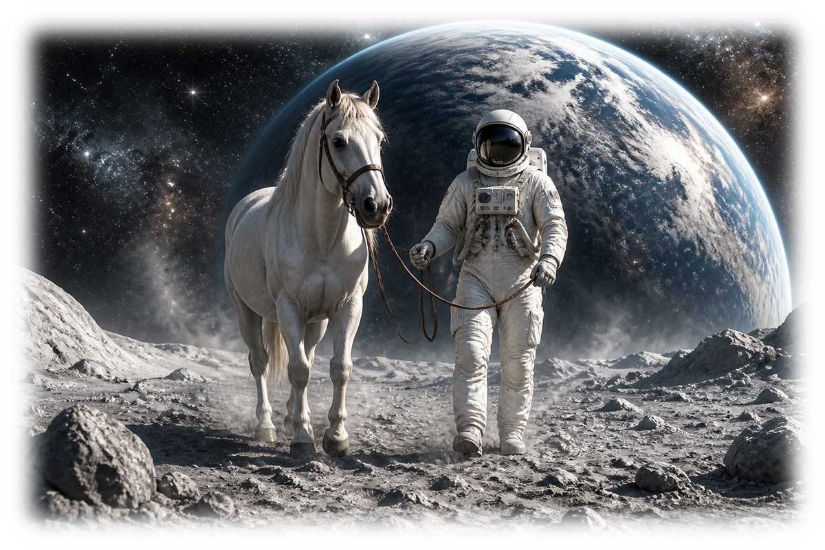 Motiv: Ausritt auf dem Mond – Hoodie – KI-gestaltetes Pferdemotiv