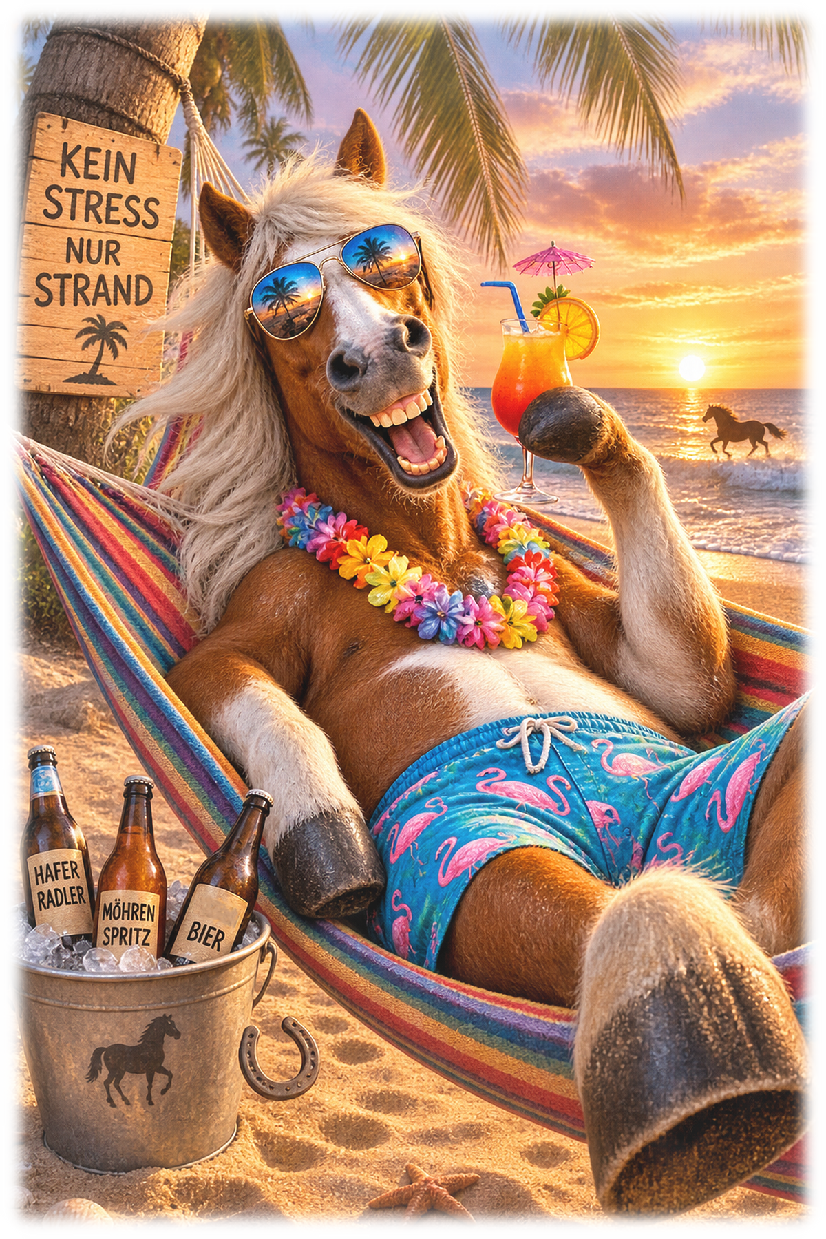 Motiv: Kein Stress nur Strandfeeling – T-Shirt – KI-gestaltetes Pferdemotiv