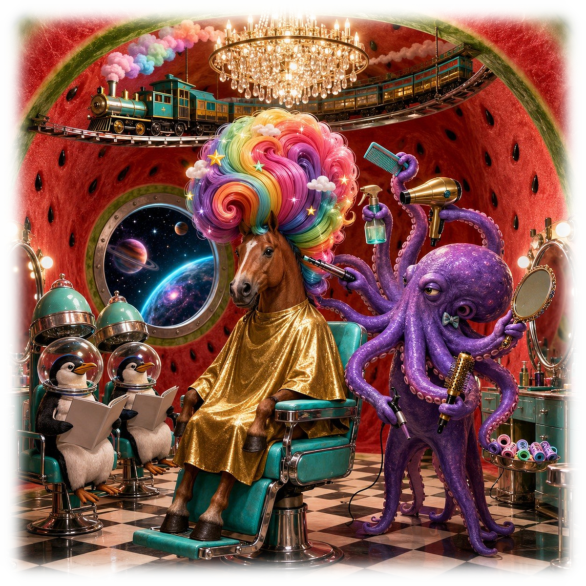 Motiv: Salon Regenbogen – Poster – KI-gestaltetes Pferdemotiv