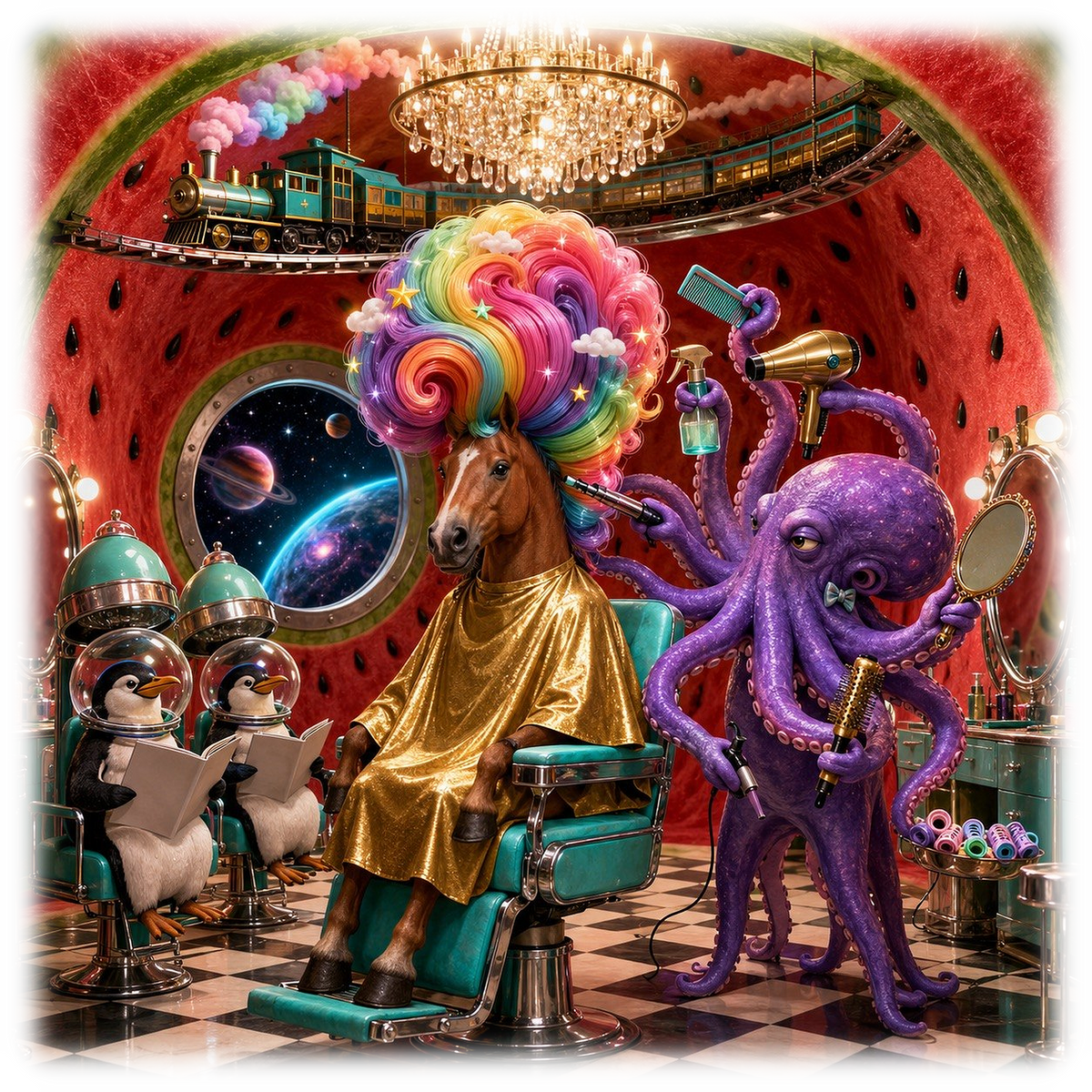 Motiv: Salon Regenbogen – Poster – KI-gestaltetes Pferdemotiv