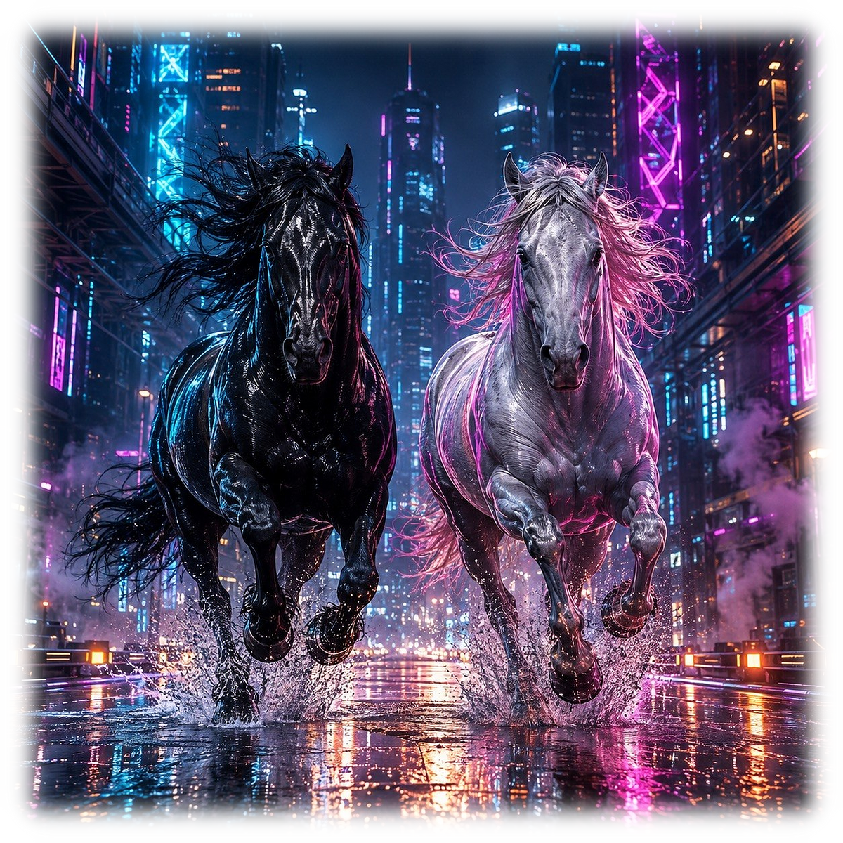 Motiv: Neonstadt bei Nacht – Poster – KI-gestaltetes Pferdemotiv