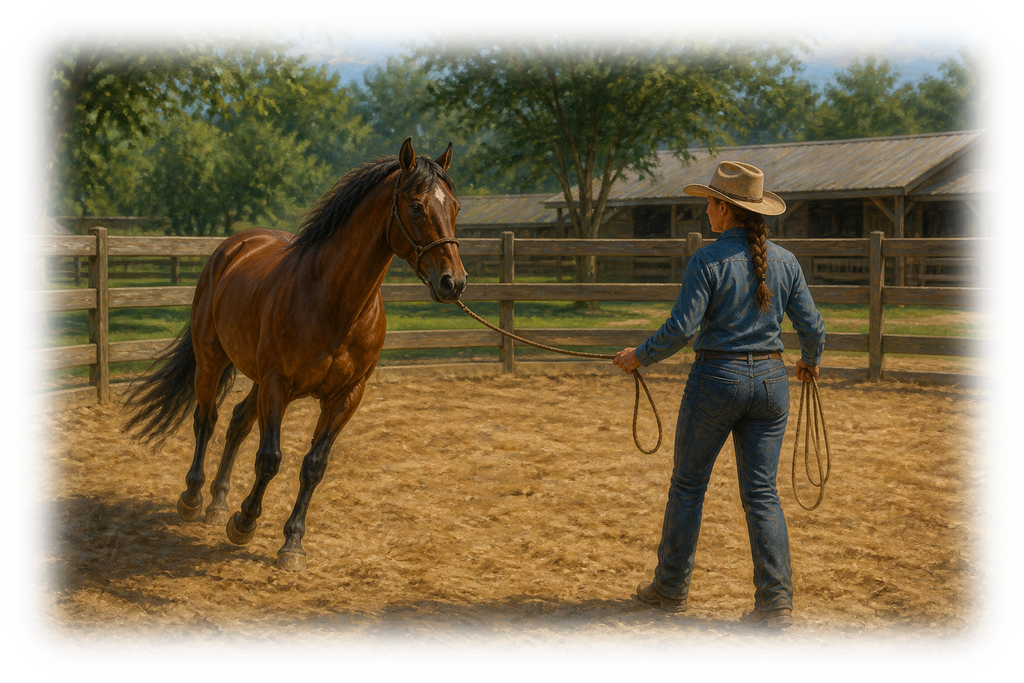 Motiv: Bodenarbeit auf dem Reitplatz – Hoodie – KI-gestaltetes Pferdemotiv