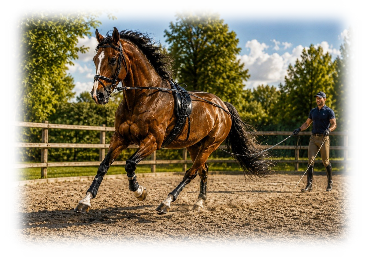 Motiv: Longenarbeit auf dem Reitplatz – Hoodie – KI-gestaltetes Pferdemotiv