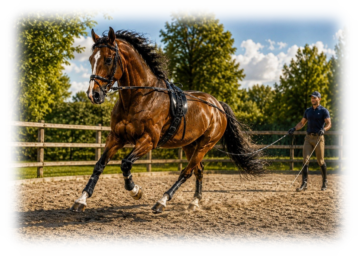 Motiv: Longenarbeit auf dem Reitplatz – Hoodie – KI-gestaltetes Pferdemotiv