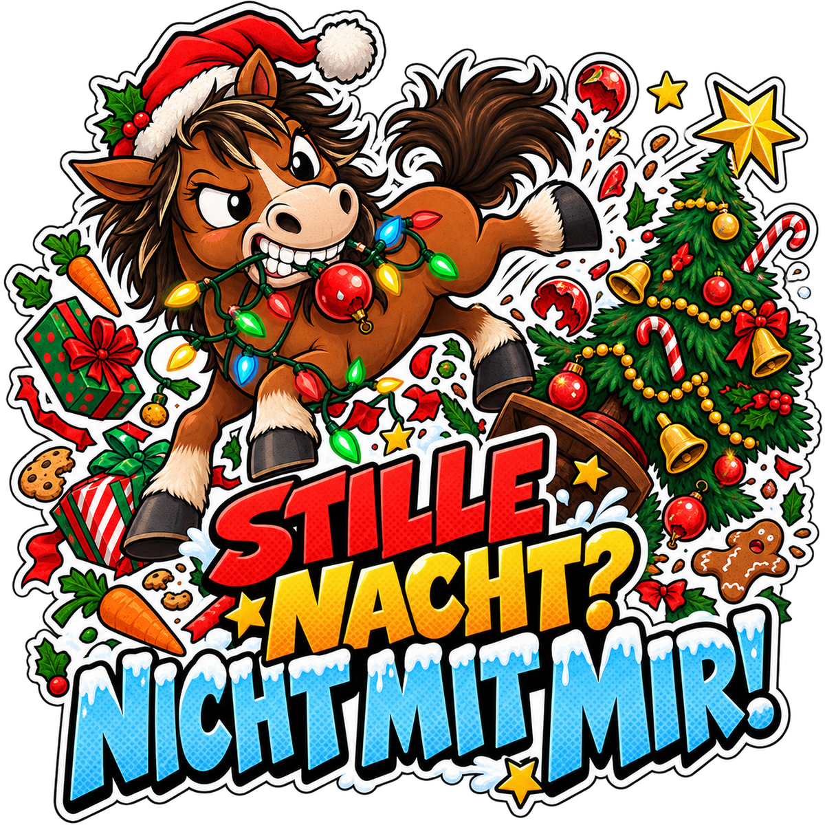 Motiv: Stille Nacht? Nicht mit mir! – Kinder-Hoodie – KI-gestaltetes Pferdemotiv