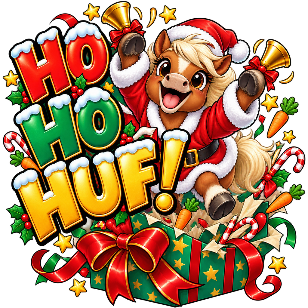 Motiv: Ho Ho Huf! – Kinder-Hoodie – KI-gestaltetes Pferdemotiv