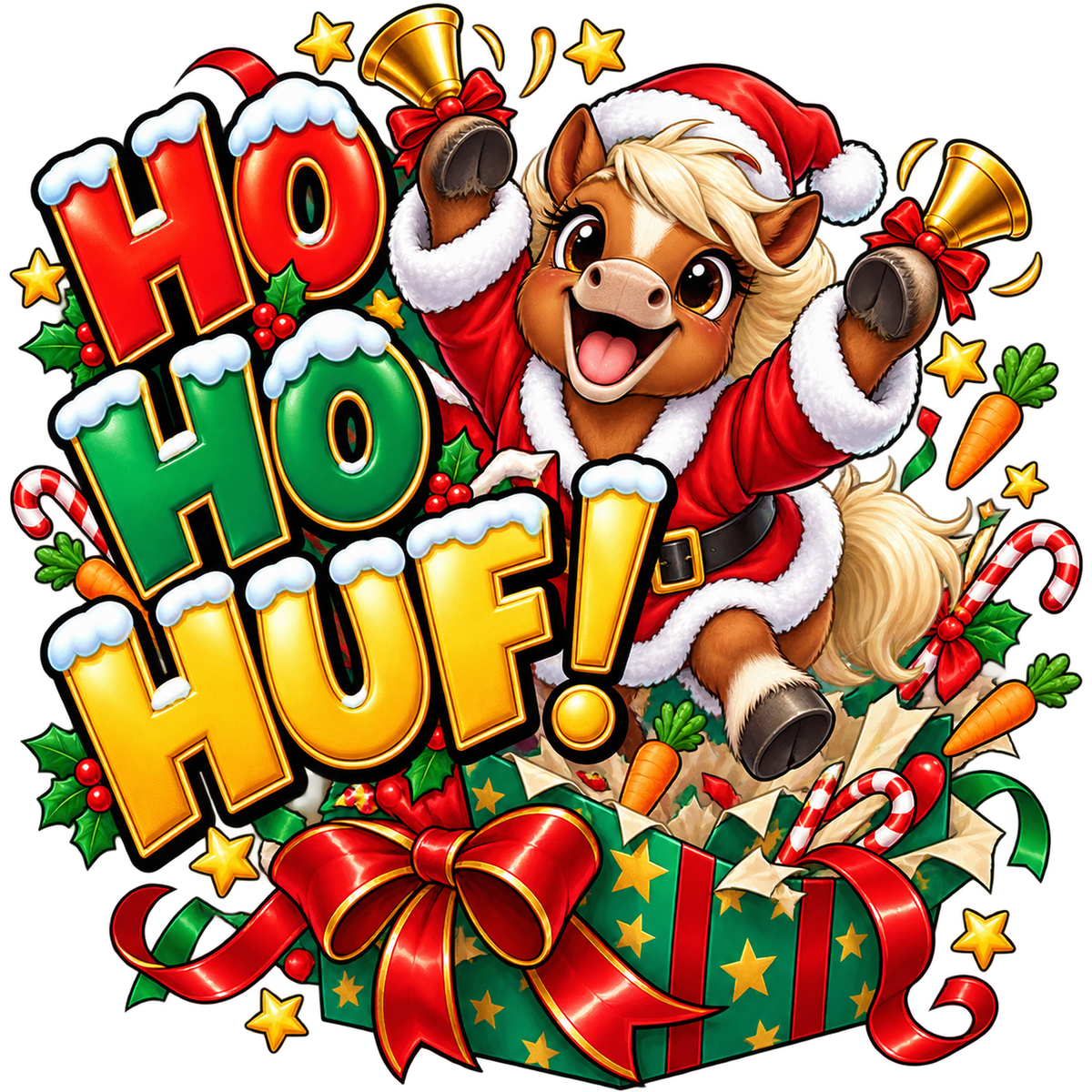 Motiv: Ho Ho Huf! – Kinder-Hoodie – KI-gestaltetes Pferdemotiv