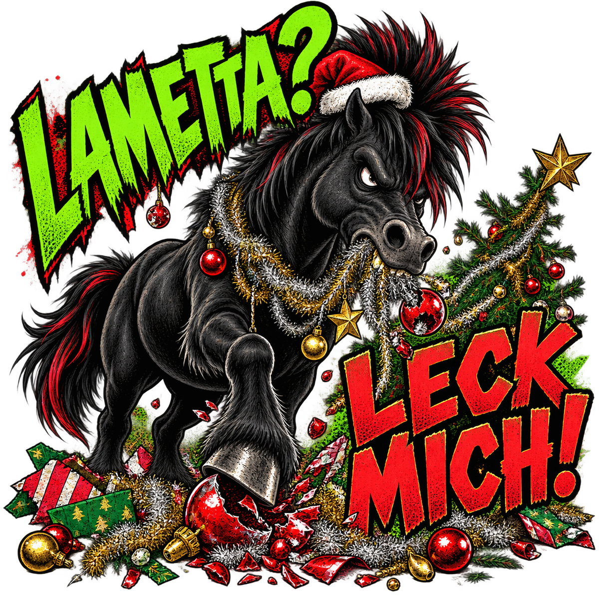 Motiv: Lametta? Leck mich! – Hoodie – KI-gestaltetes Pferdemotiv