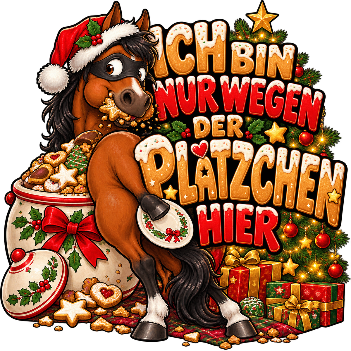 Motiv: Ich bin nur wegen der Plätzchen hier – Kinder-Hoodie – KI-gestaltetes Pferdemotiv