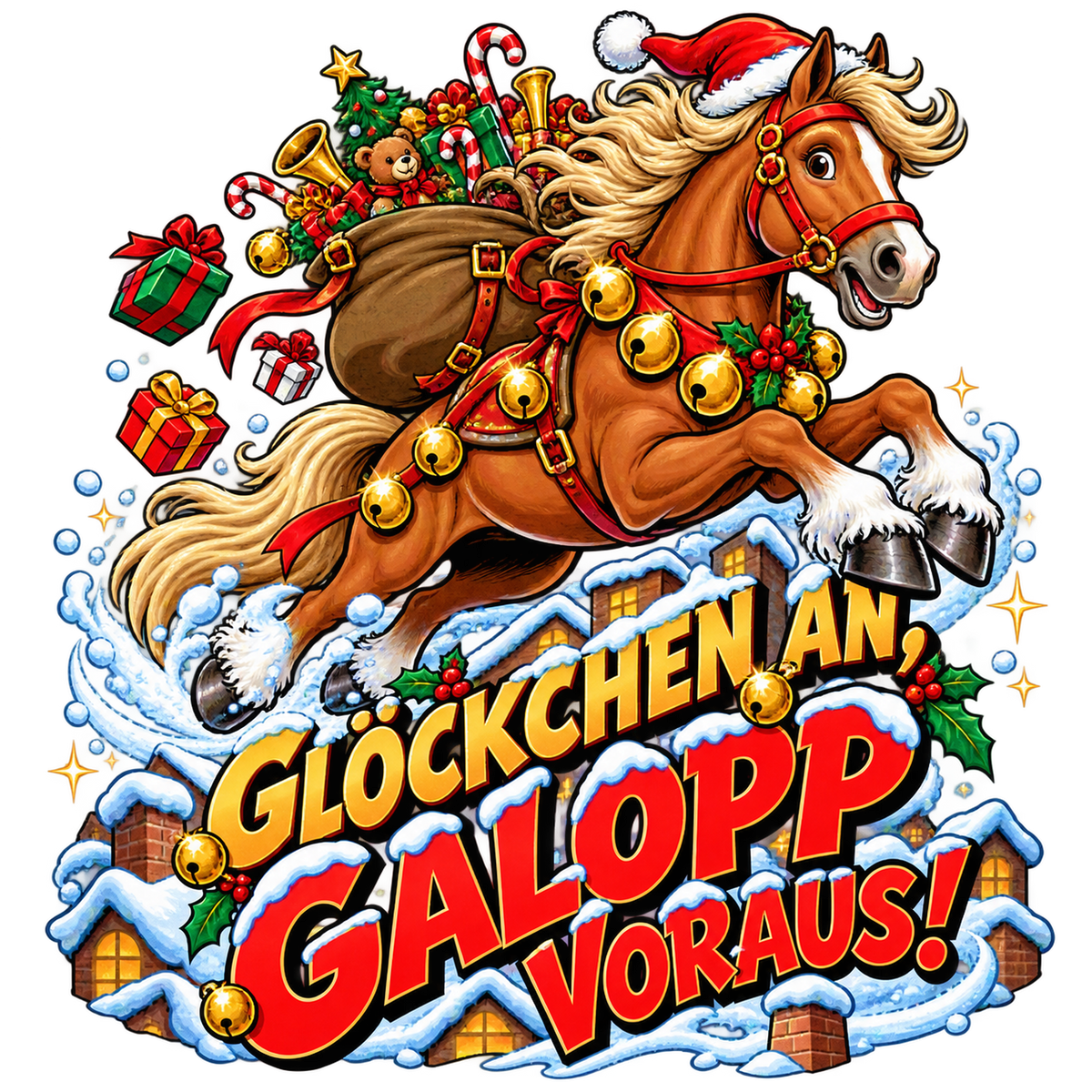 Motiv: Glöckchen an, Galopp voraus! – Hoodie – KI-gestaltetes Pferdemotiv