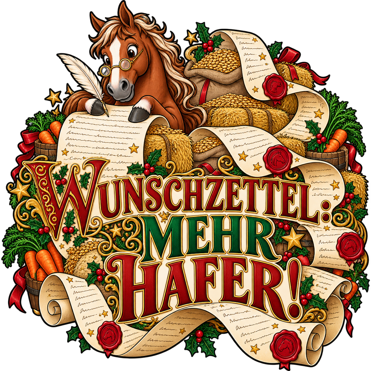 Motiv: Wunschzettel: Mehr Hafer! – Hoodie – KI-gestaltetes Pferdemotiv