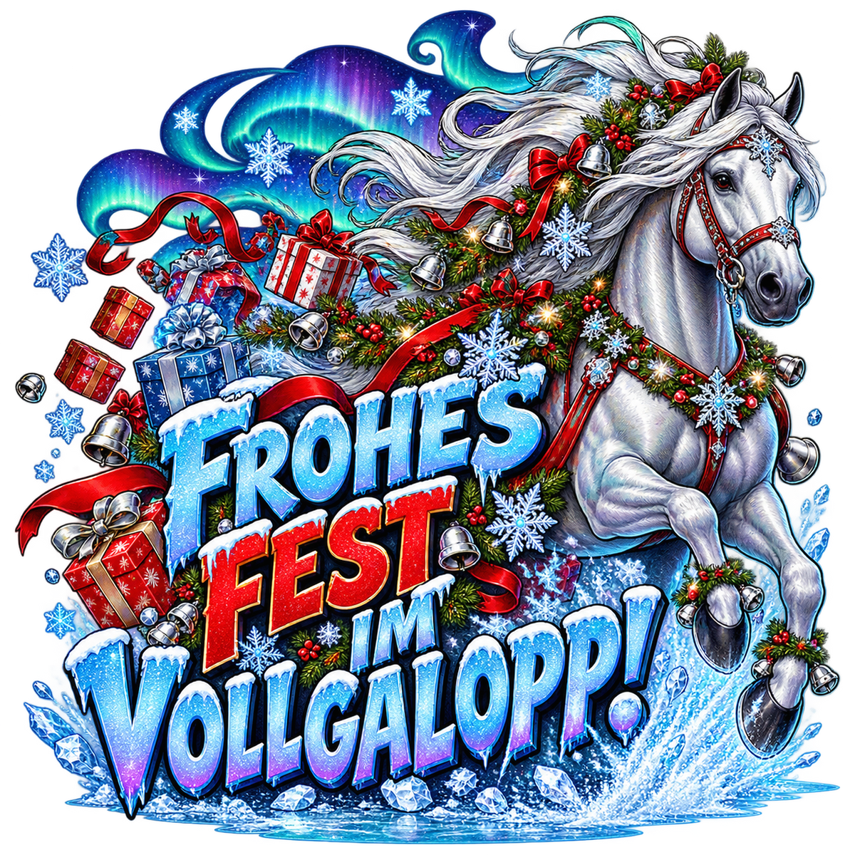 Motiv: Frohes Fest im Vollgalopp! – Hoodie – KI-gestaltetes Pferdemotiv