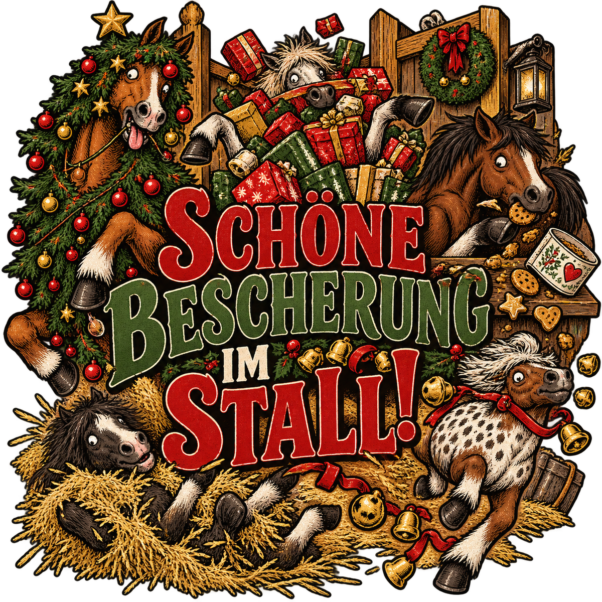 Motiv: Schöne Bescherung im Stall! – Hoodie – KI-gestaltetes Pferdemotiv