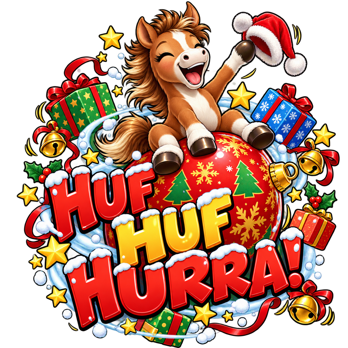 Motiv: Huf Huf Hurra! – Hoodie – KI-gestaltetes Pferdemotiv