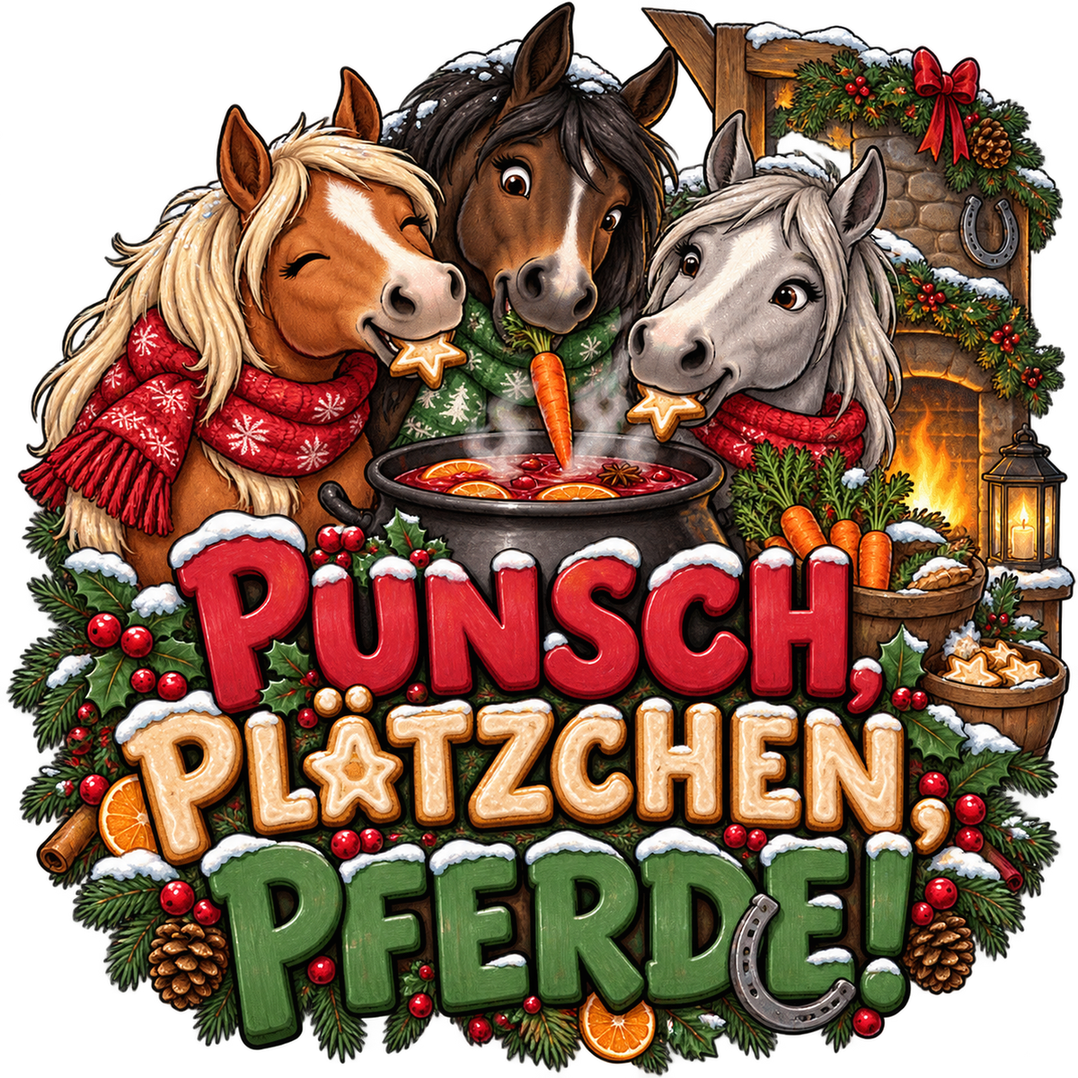 Motiv: Punsch, Plätzchen, Pferde! – Hoodie – KI-gestaltetes Pferdemotiv