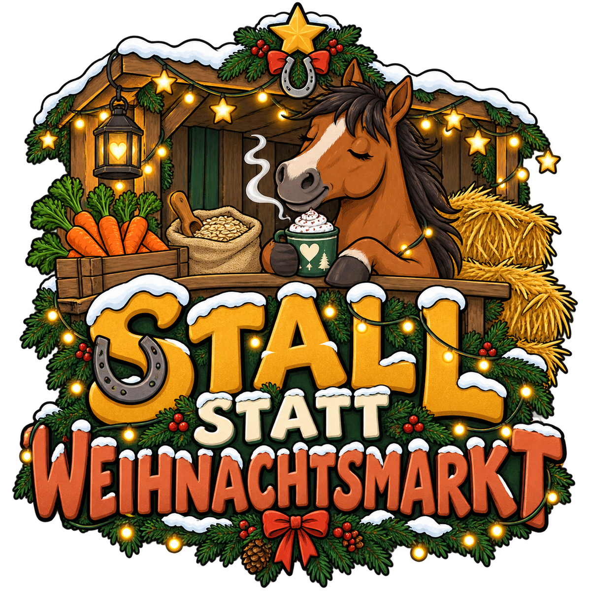 Motiv: Stall statt Weihnachtsmarkt – Hoodie – KI-gestaltetes Pferdemotiv