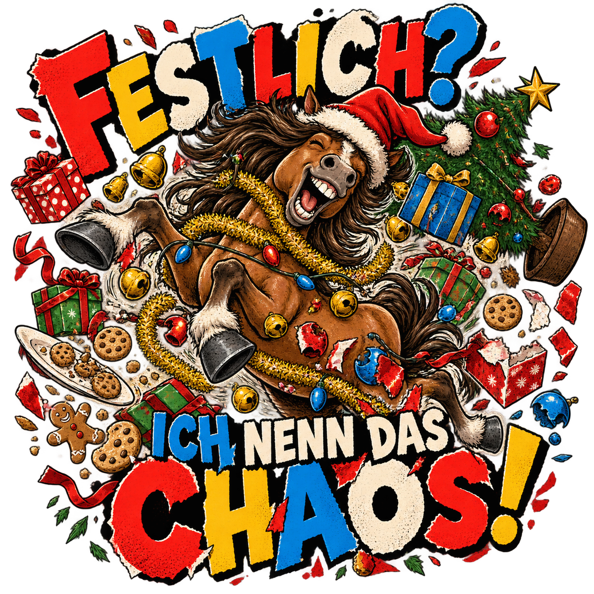 Motiv: Festlich? Ich nenn das Chaos! – Hoodie – KI-gestaltetes Pferdemotiv