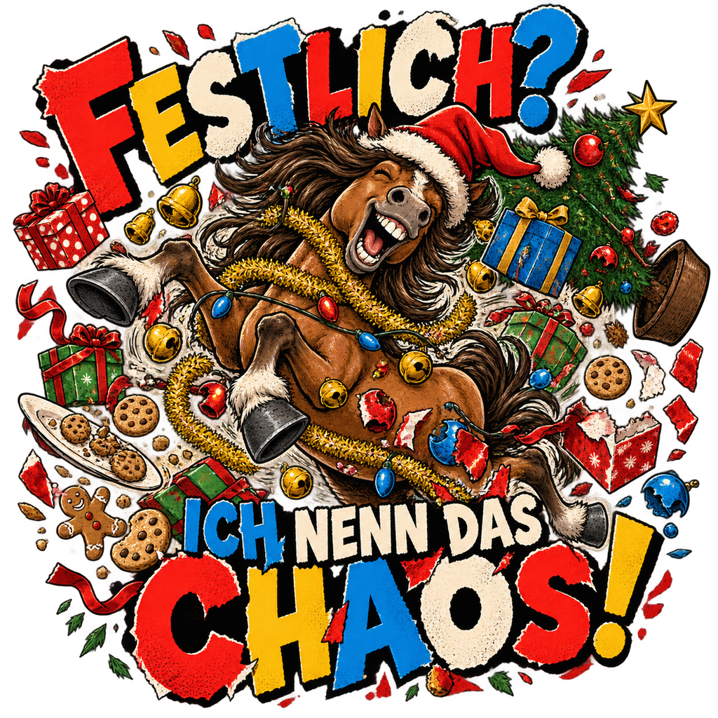 Motiv: Festlich? Ich nenn das Chaos! – Kinder-Pullover – KI-gestaltetes Pferdemotiv