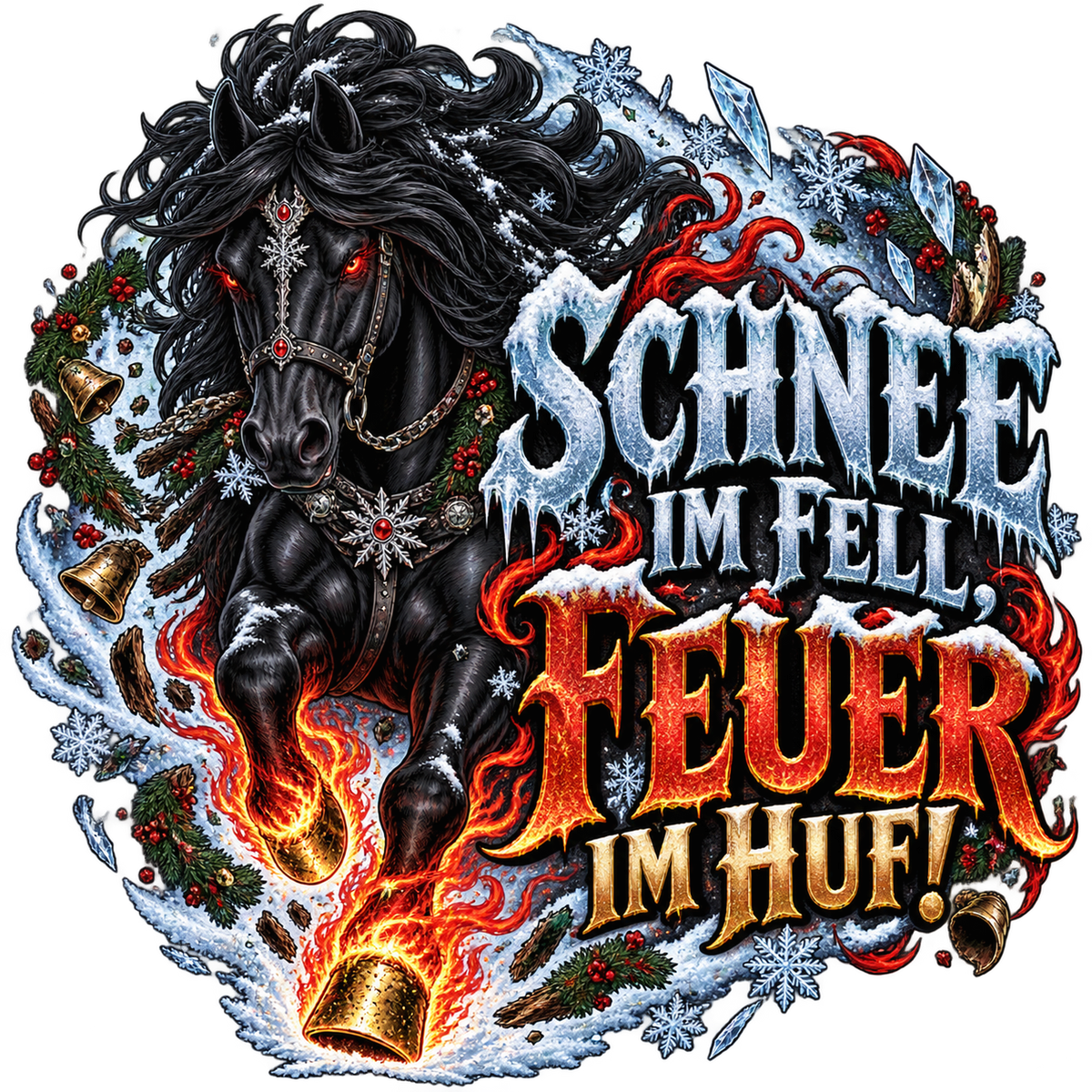 Motiv: Schnee im Fell, Feuer im Huf! – Hoodie – KI-gestaltetes Pferdemotiv