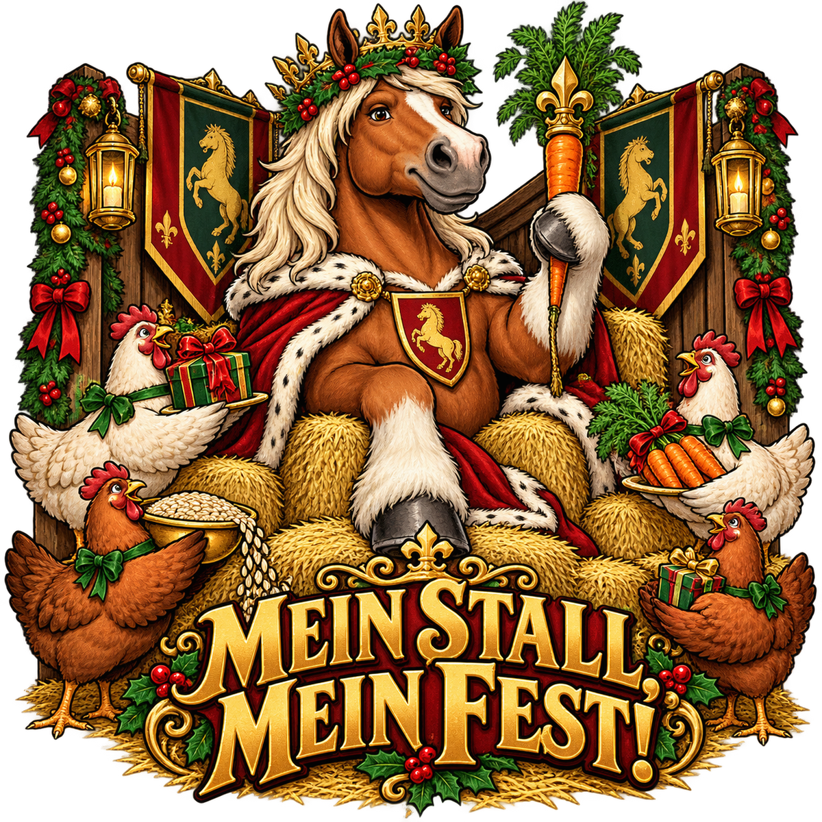 Motiv: Mein Stall, mein Fest! – Hoodie – KI-gestaltetes Pferdemotiv