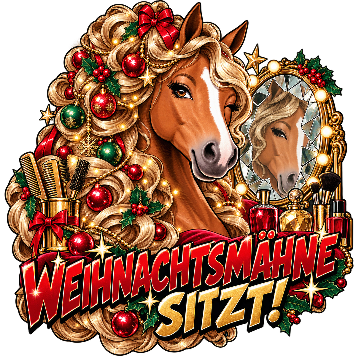 Motiv: Weihnachtsmähne sitzt! – Hoodie – KI-gestaltetes Pferdemotiv