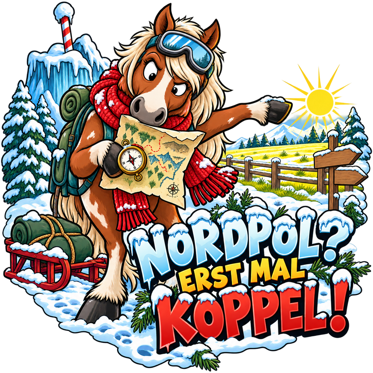 Motiv: Nordpol? Erst mal Koppel! – Hoodie – KI-gestaltetes Pferdemotiv