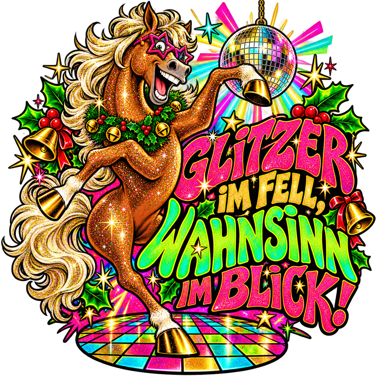 Motiv: Glitzer im Fell, Wahnsinn im Blick! – Pullover – KI-gestaltetes Pferdemotiv