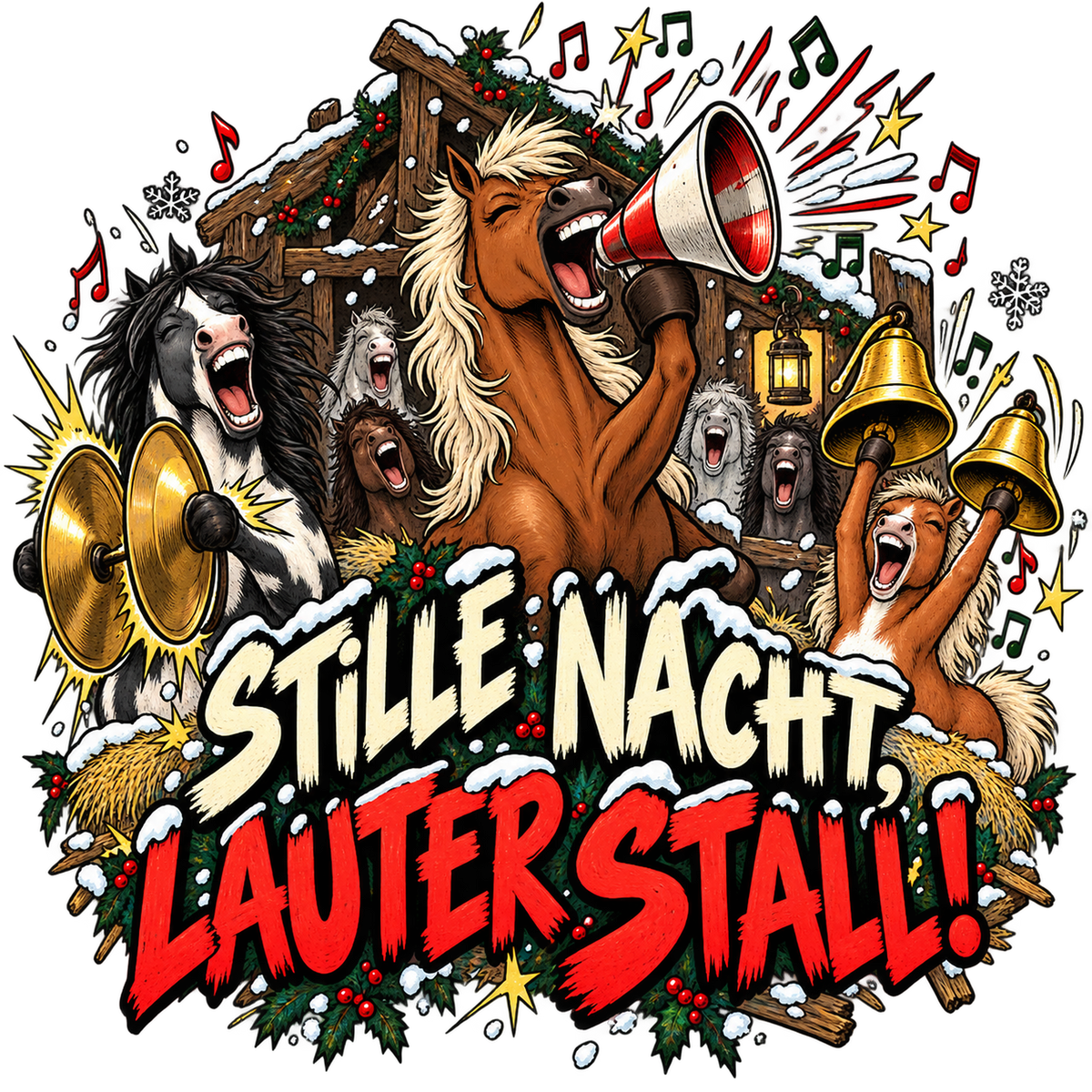 Motiv: Stille Nacht, lauter Stall! – Hoodie – KI-gestaltetes Pferdemotiv