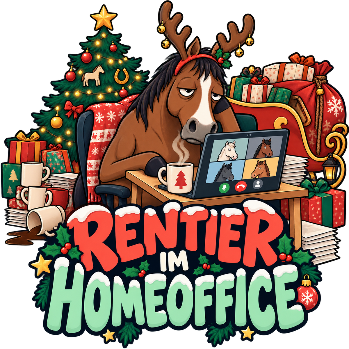Motiv: Rentier im Homeoffice – Pullover – KI-gestaltetes Pferdemotiv