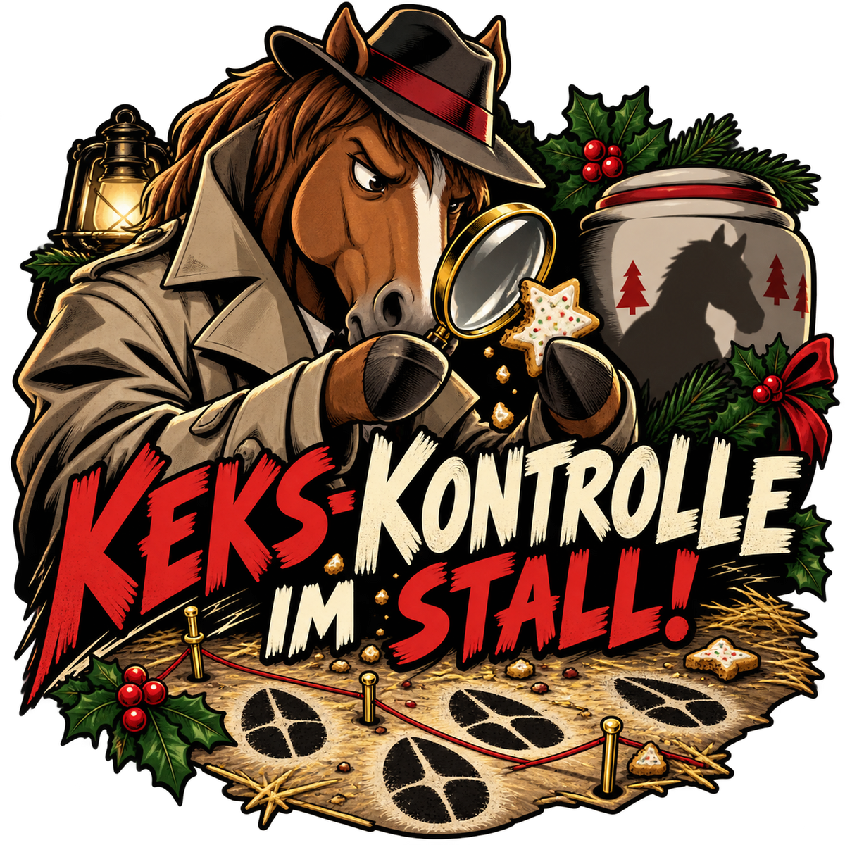 Motiv: Keks-Kontrolle im Stall! – Kinder-Pullover – KI-gestaltetes Pferdemotiv