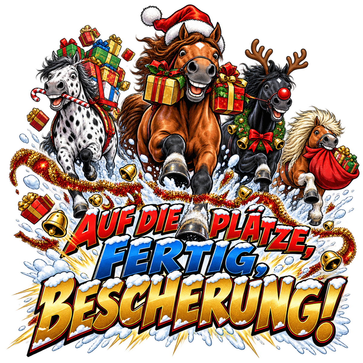 Motiv: Auf die Plätze, fertig, Bescherung! – Hoodie – KI-gestaltetes Pferdemotiv
