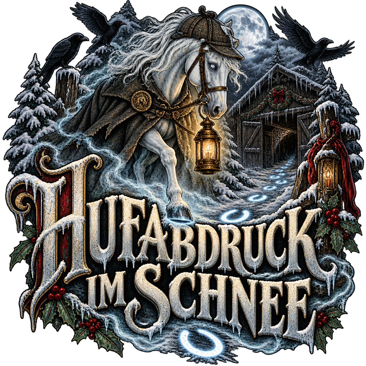 Motiv: Hufabdruck im Schnee – Pullover – KI-gestaltetes Pferdemotiv