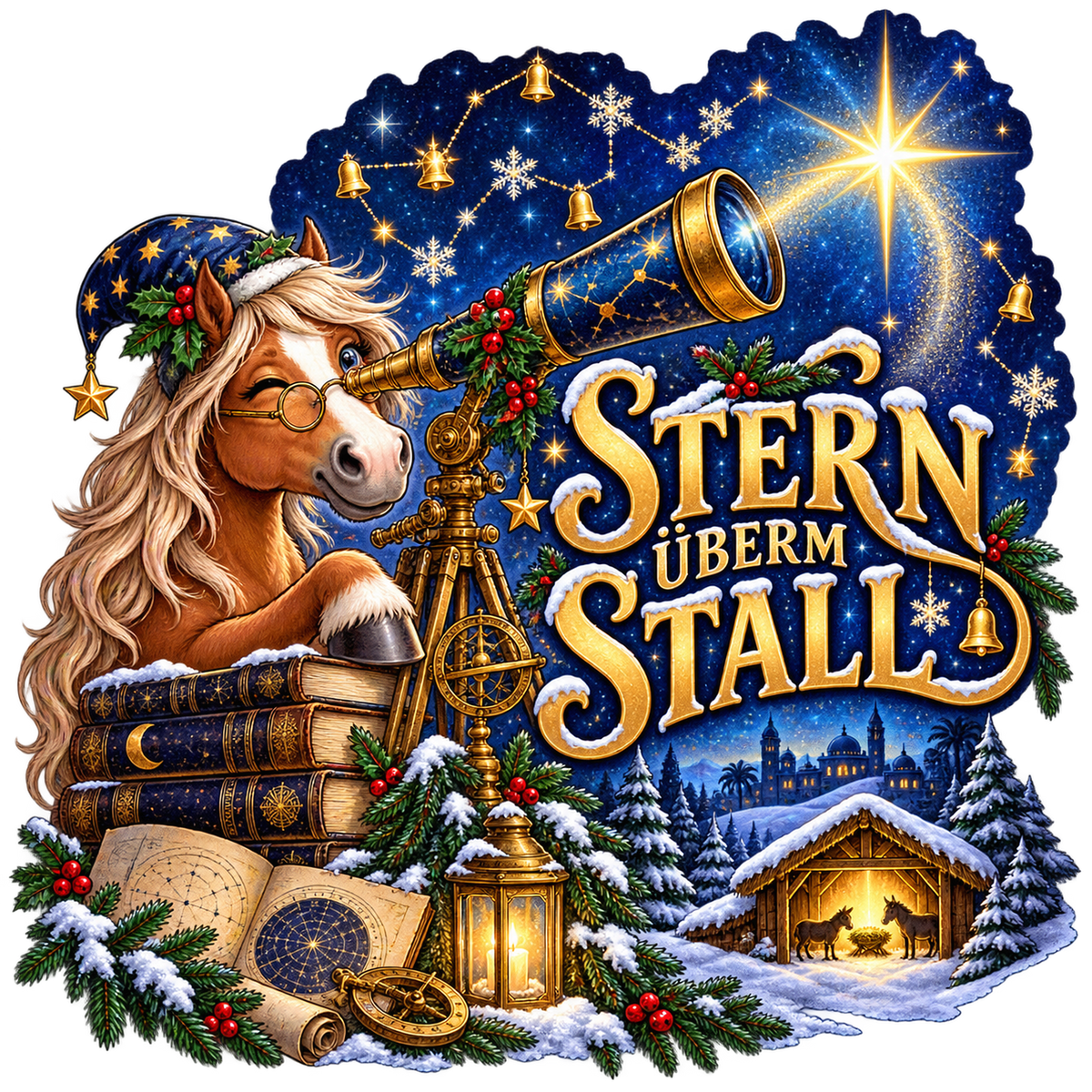 Motiv: Stern überm Stall – Pullover – KI-gestaltetes Pferdemotiv