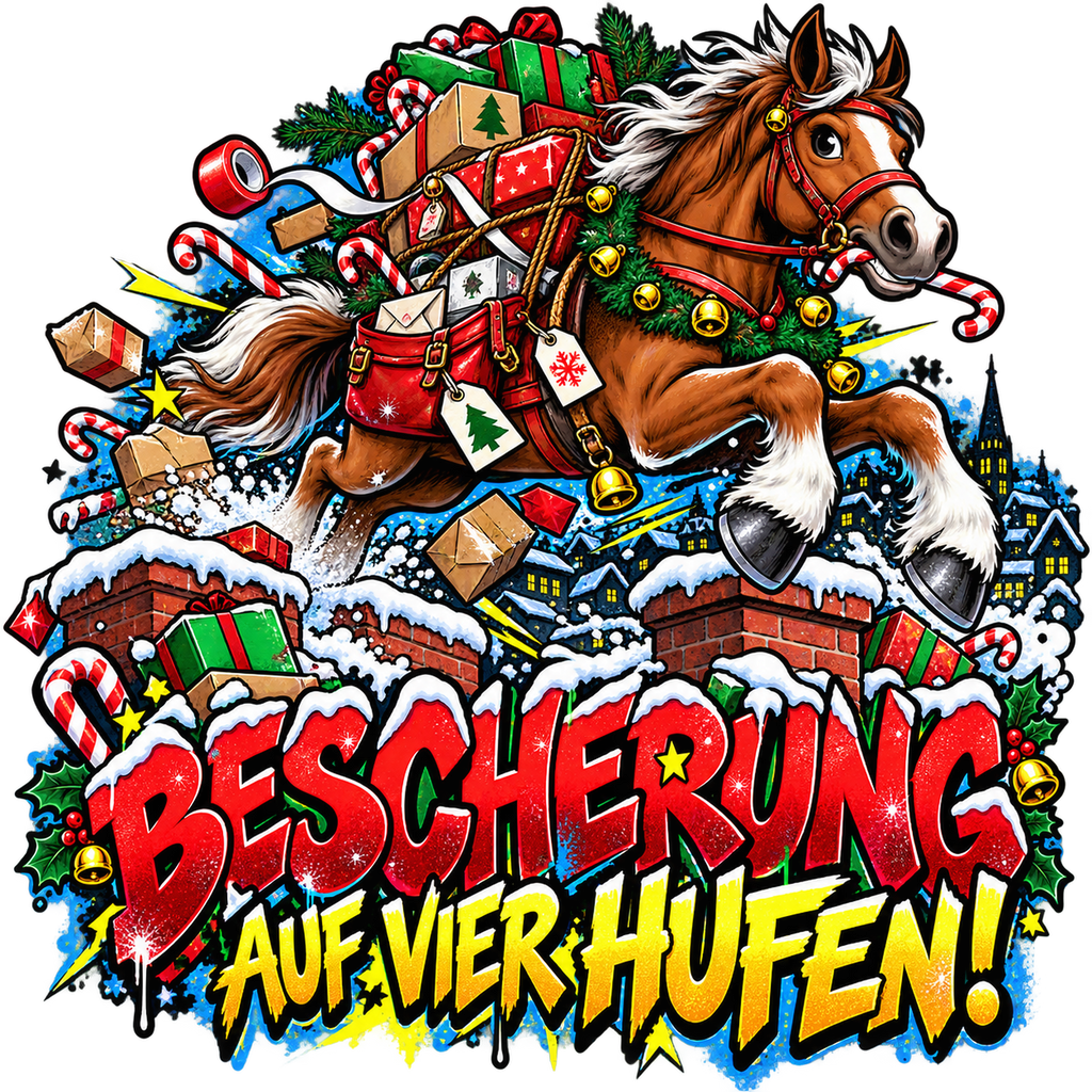 Motiv: Bescherung auf vier Hufen! – Kinder-Hoodie – KI-gestaltetes Pferdemotiv
