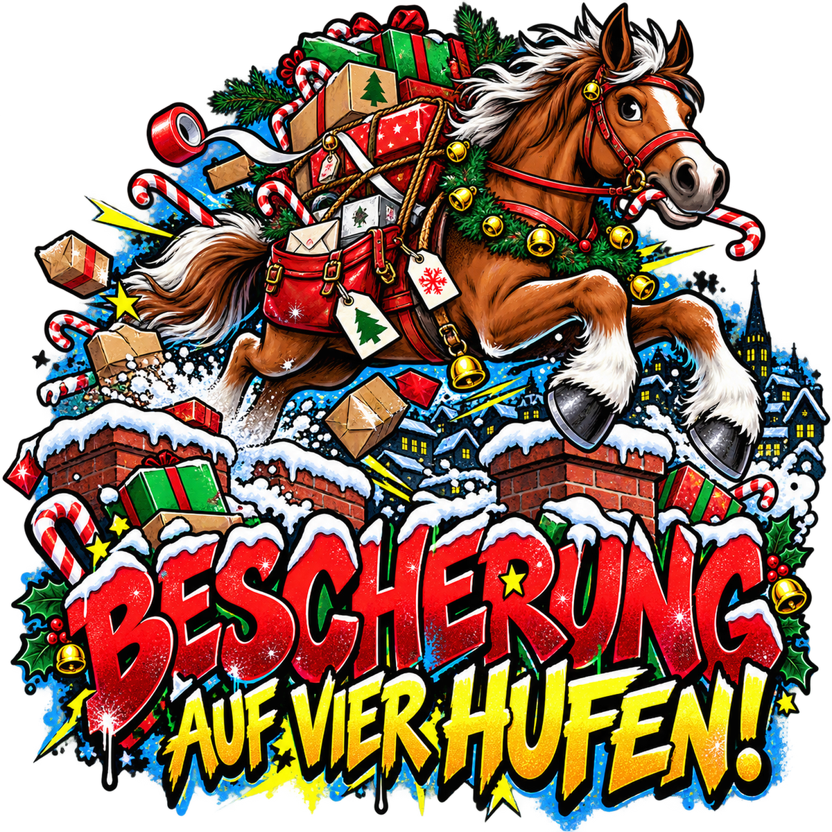 Motiv: Bescherung auf vier Hufen! – Kinder-Hoodie – KI-gestaltetes Pferdemotiv