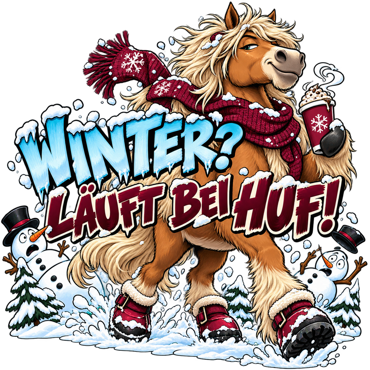 Motiv: Winter? Läuft bei Huf! – Kinder-Hoodie – KI-gestaltetes Pferdemotiv