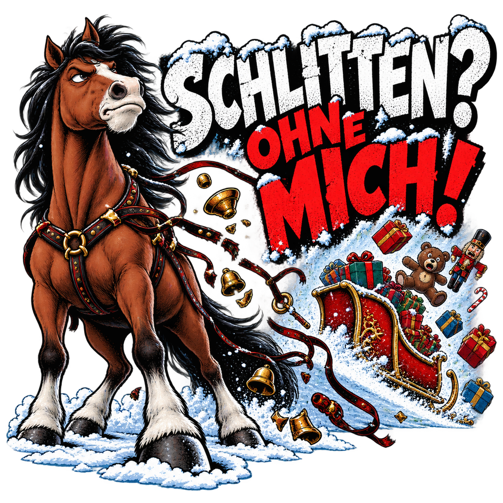 Motiv: Schlitten? Ohne mich! – Kinder-Hoodie – KI-gestaltetes Pferdemotiv