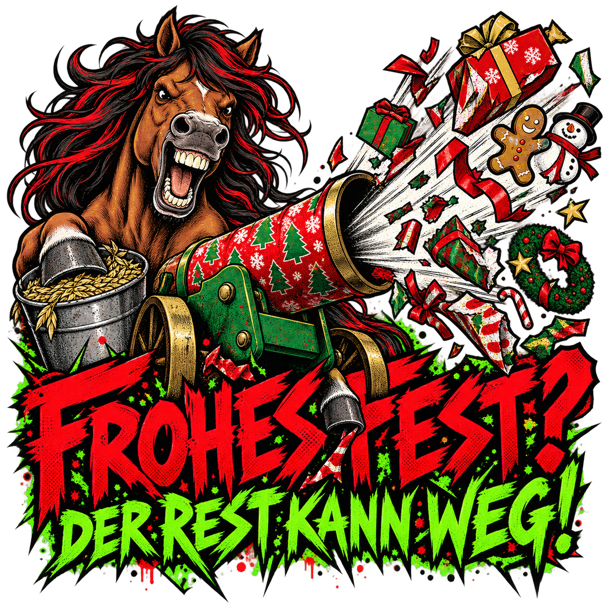 Motiv: Frohes Fest? Der Rest kann weg! – Kinder-Pullover – KI-gestaltetes Pferdemotiv