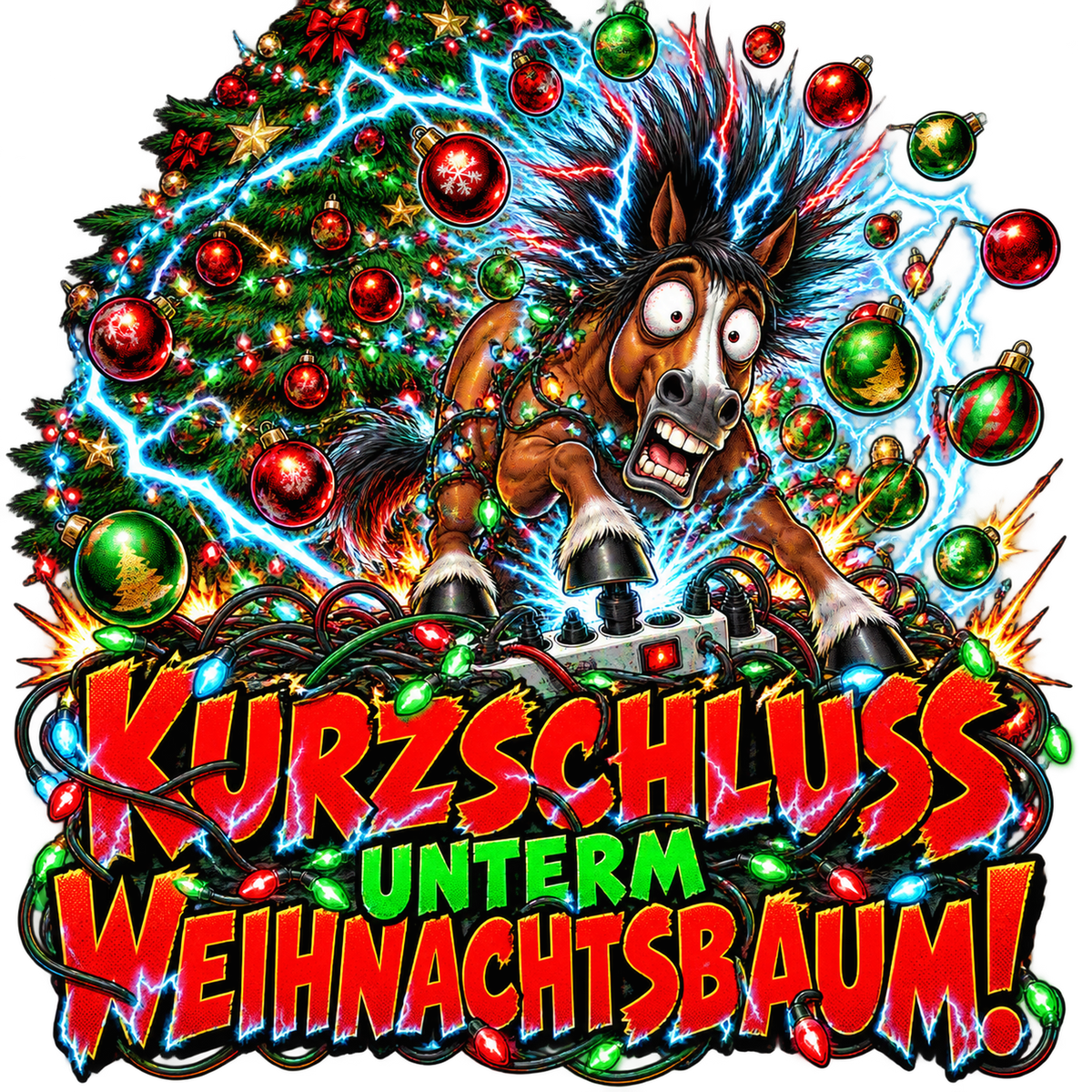 Motiv: Kurzschluss unterm Weihnachtsbaum! – Kinder-Pullover – KI-gestaltetes Pferdemotiv